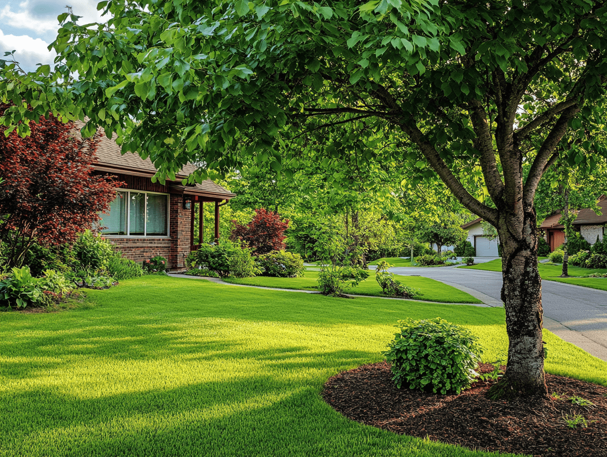 A well-maintained residential yard featuring healthy, fast-growing trees with non-invasive roots. The landscape is adorned with neatly trimmed shrubs, a green lawn, and various ornamental plants, creating a balanced and appealing outdoor space.