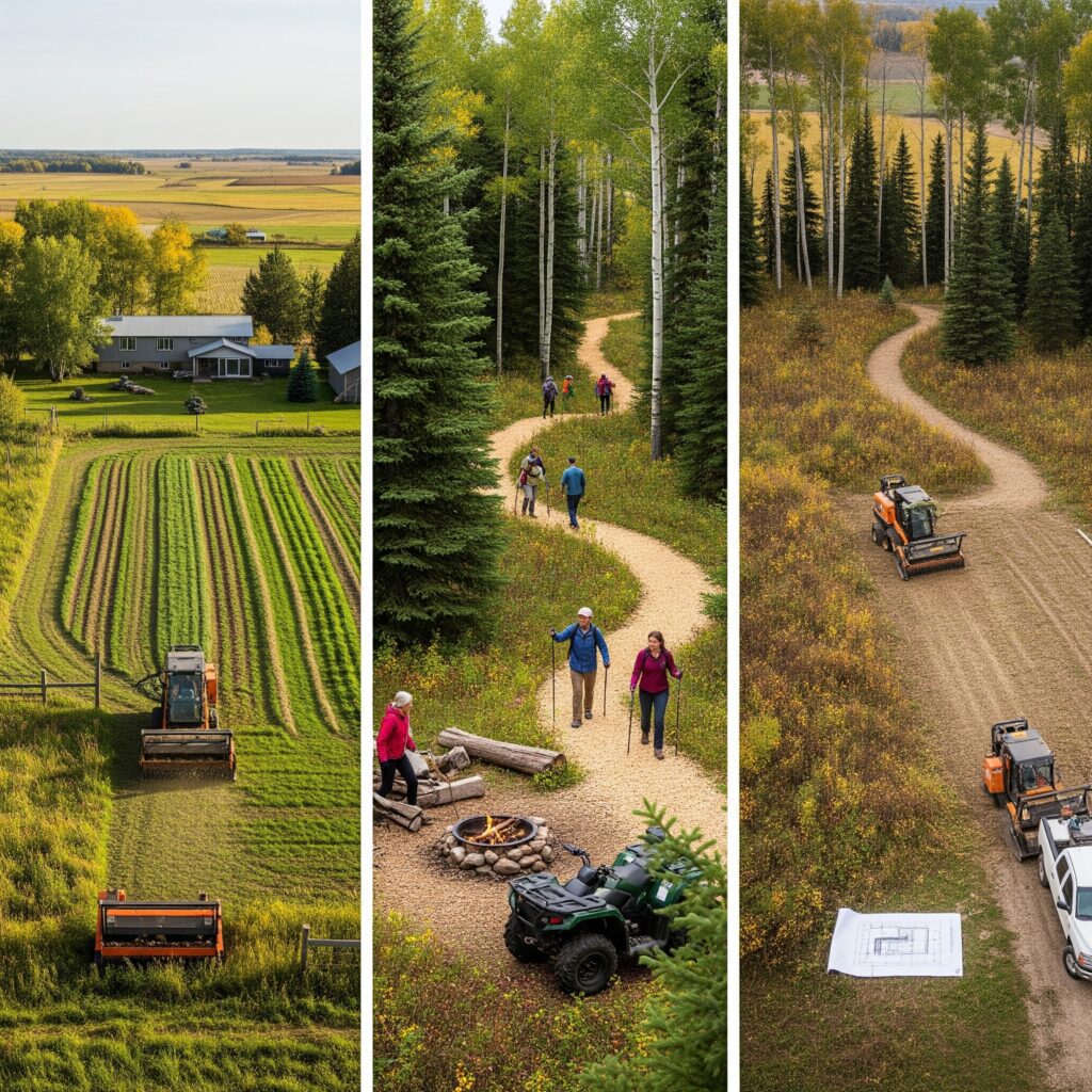 A triptych of realistic photos showing rural land transformations. The first panel shows a mulching machine clearing an overgrown farmstead for gardening or grazing. The second panel depicts a wooded recreational lot with people on mulched trails, and an ATV near a fire pit. The third panel shows a mulcher clearing a bushy plot for a future workshop.
