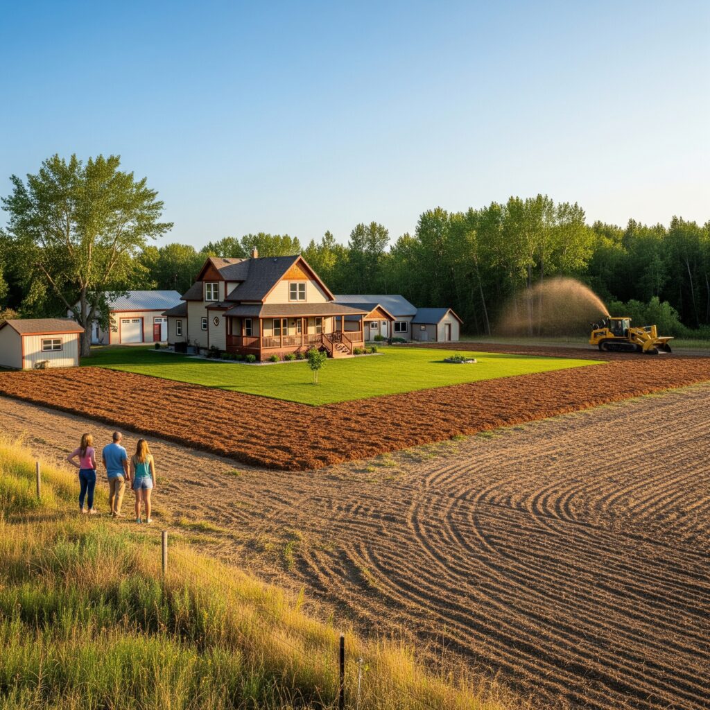 a graphic of a house on an acreage with clear boundaries created by mulch.