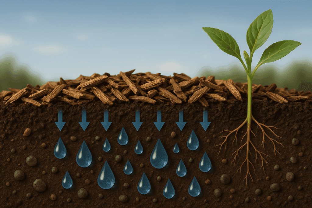 a graphic showing how mulch can help retain moisture in soil.