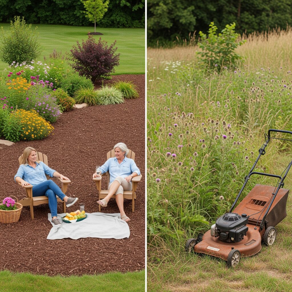The image demonstrating the benefits of mulching shows two side-by-side sections of land: one mulched and clear of weeds with healthy plants, and the other unmulched and overgrown with weeds and unwanted vegetation. A family is relaxing in the mulched area.
