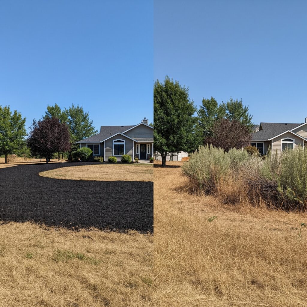 A split image of a rural property showing fire prevention. On one side, a house is surrounded by a wide, clear mulched defensible space, free of flammable dry vegetation. On the other side, a house is threatened by overgrown, dry brush and weeds, highlighting the wildfire risk.