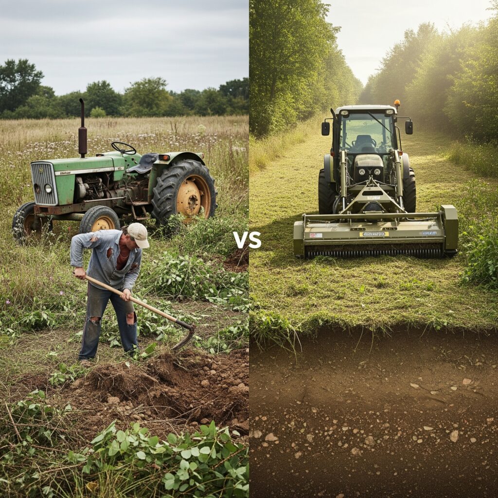 A realistic split-screen image comparing land management methods. On the left, overgrown, weedy land with eroded soil and a person manually clearing brush represents traditional, high-effort management. On the right, a healthy, mulched landscape with thriving plants and a well-maintained mulching machine illustrates the efficiency and benefits of mulching.