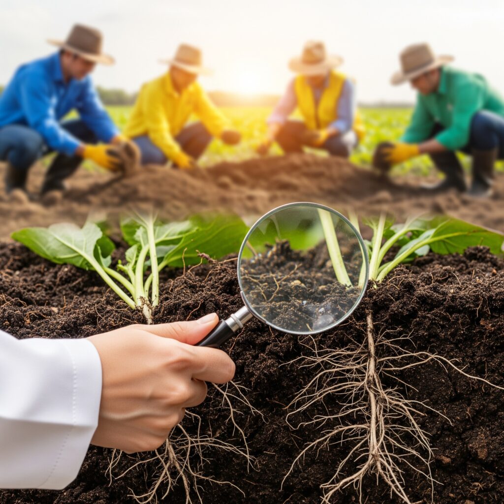 A detailed close-up photo of dark, rich soil teeming with organic matter and healthy plant roots. A hand in a white lab coat holds a magnifying glass over the soil, highlighting the intricate details enhanced by mulching. The blurred background shows agricultural experts examining soil samples in a field.