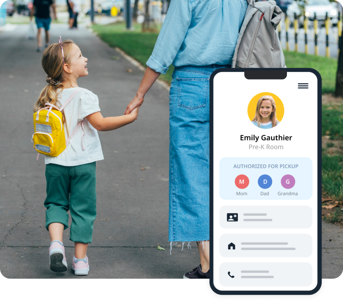 Child care app emily holding hand kid mobile authorized for pickup