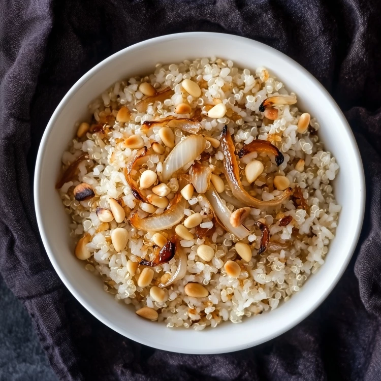 Riz et quinoa aux noix de pin et oignons confits