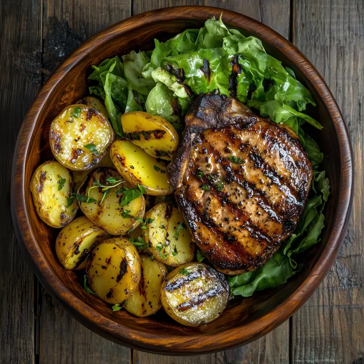 Salade-repas de 2 côtelettes de porc géantes, rattes marinées, romaine et pamplemousse