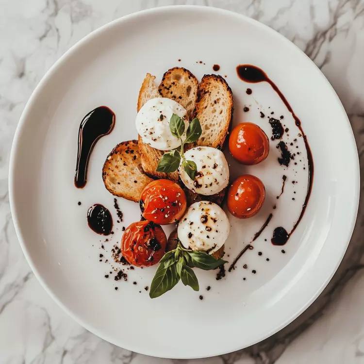 Mozzarella Maciocia de bufflone sur tomates confites, glace balsamique, crumble de pain de maïs (copie 6018)