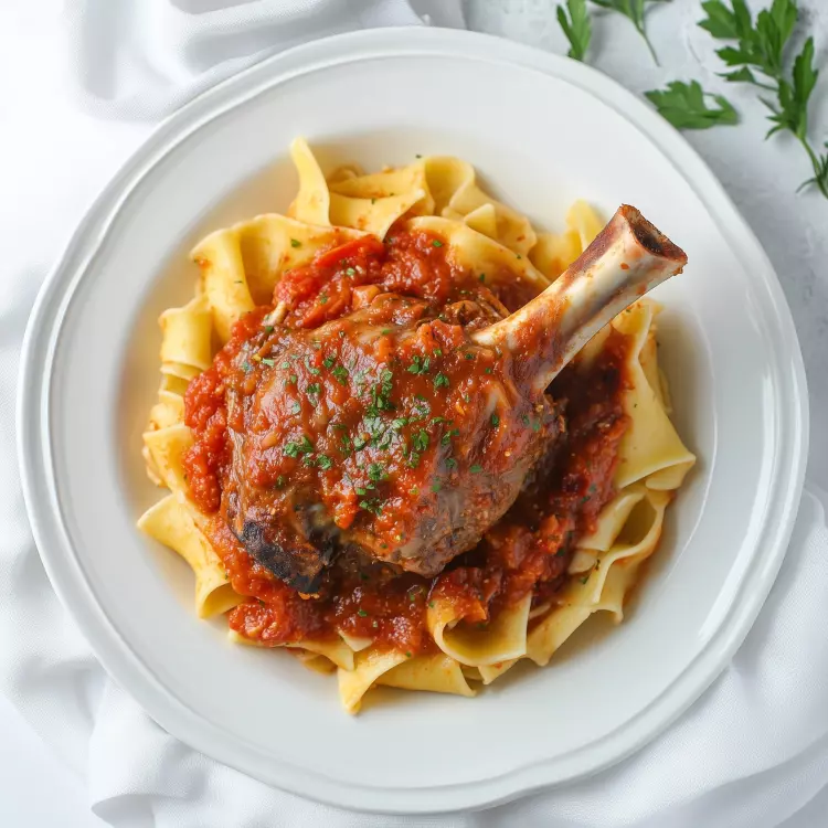 2 jarrets d'agneau de Kamouraska confits, caramel de tomates, papardelles à l'ail rôti
