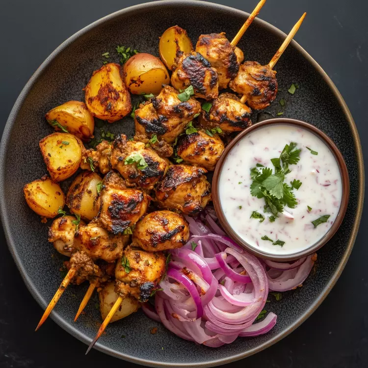 4 brochettes de cubes de hauts de cuisses de poulet et grelots roties à l'indienne, sauce raïta