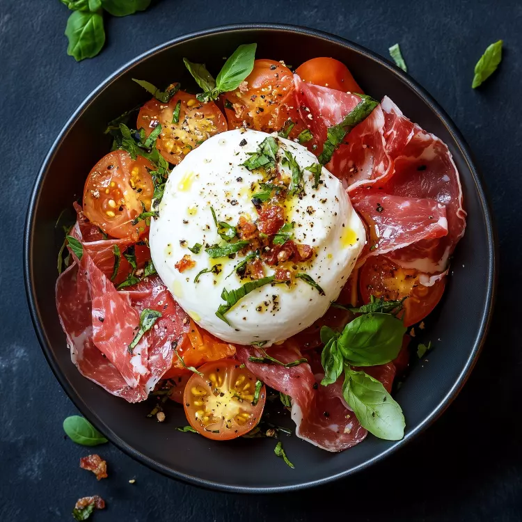 Mozzarella Maciocia de bufflone sur tomates confites séchées, glace balsamique, chips de prosciutto