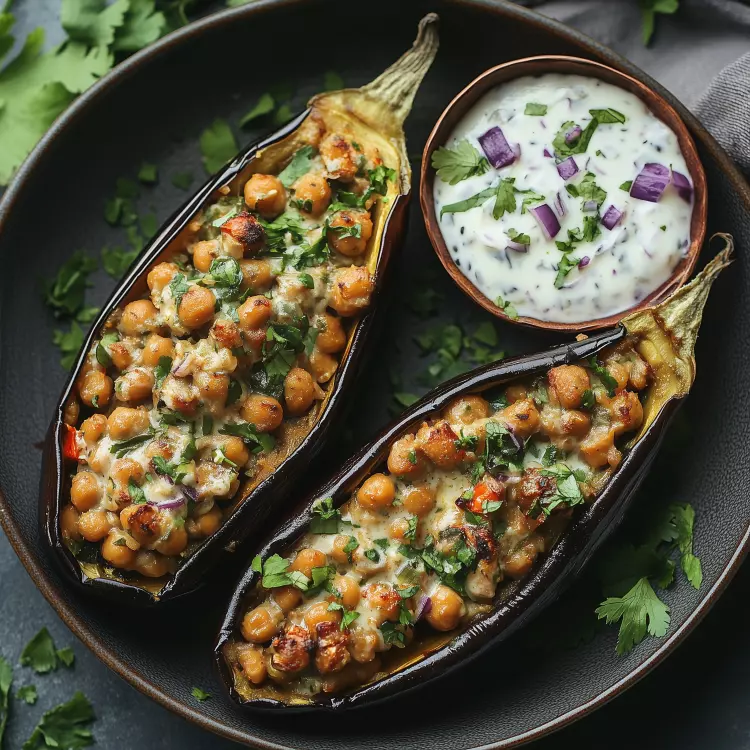 2 demi-aubergines italiennes farcies à l'indienne, raïta