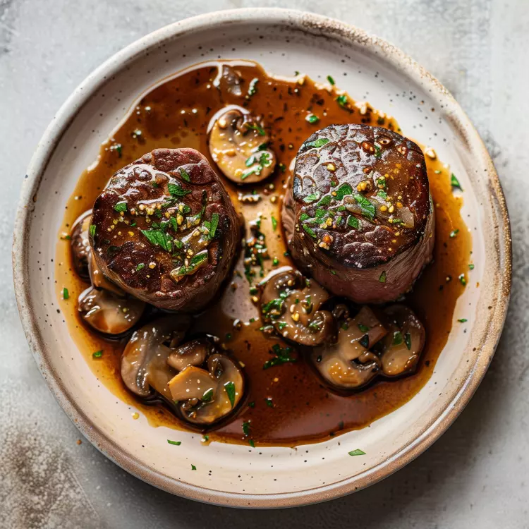 2 steaks de filet mignon de boeuf, demi-glace aux shiitakes