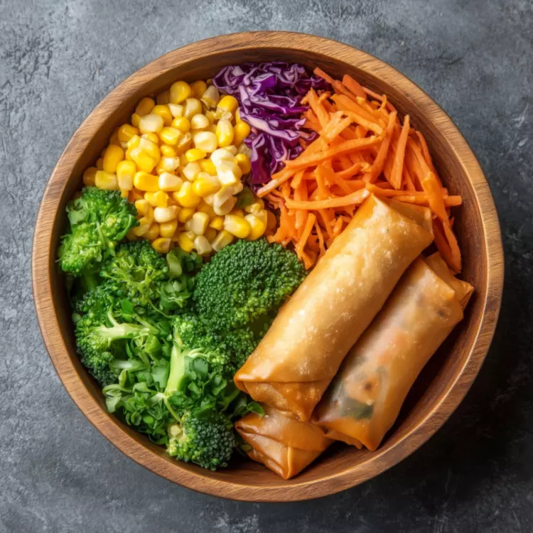 Salade-repas vietnamienne de 4 rouleaux impériaux au poulet de Kim Lam, vinaigrette épicée aux arachides