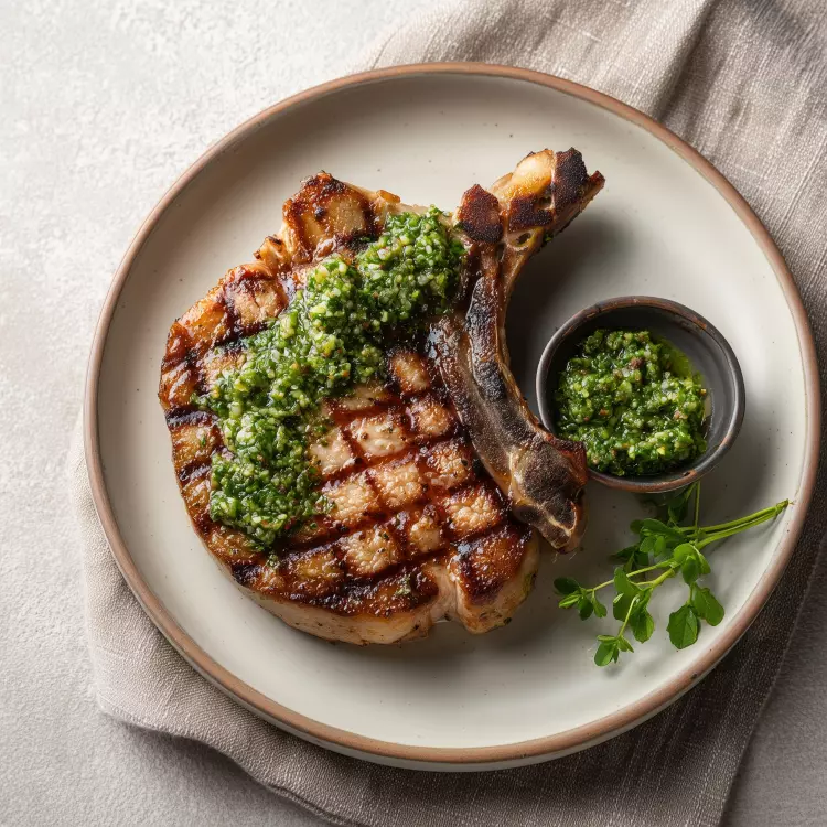 2 côtelettes de porc géantes, pesto de menthe et amandes