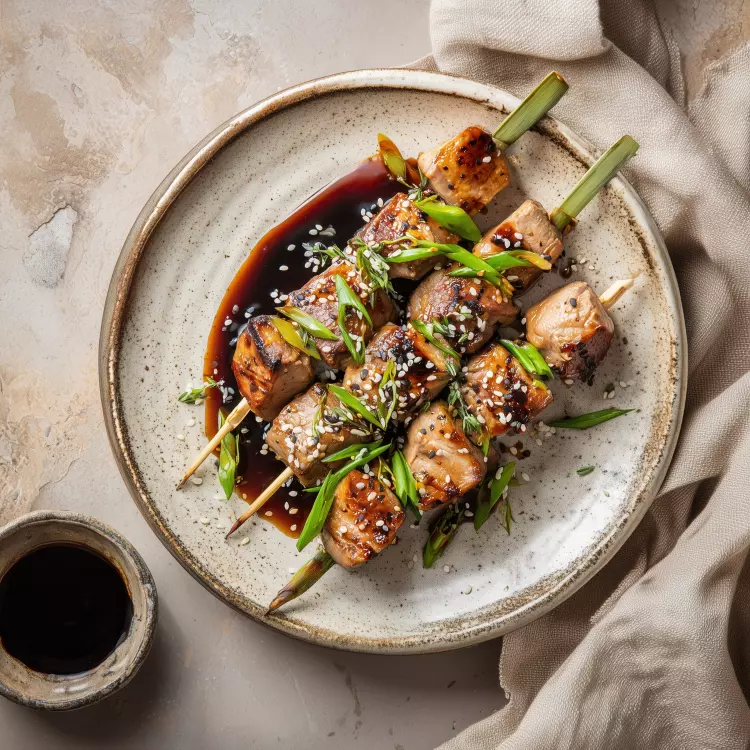 4 brochettes de cubes de filet de porc, sauce teriyaki