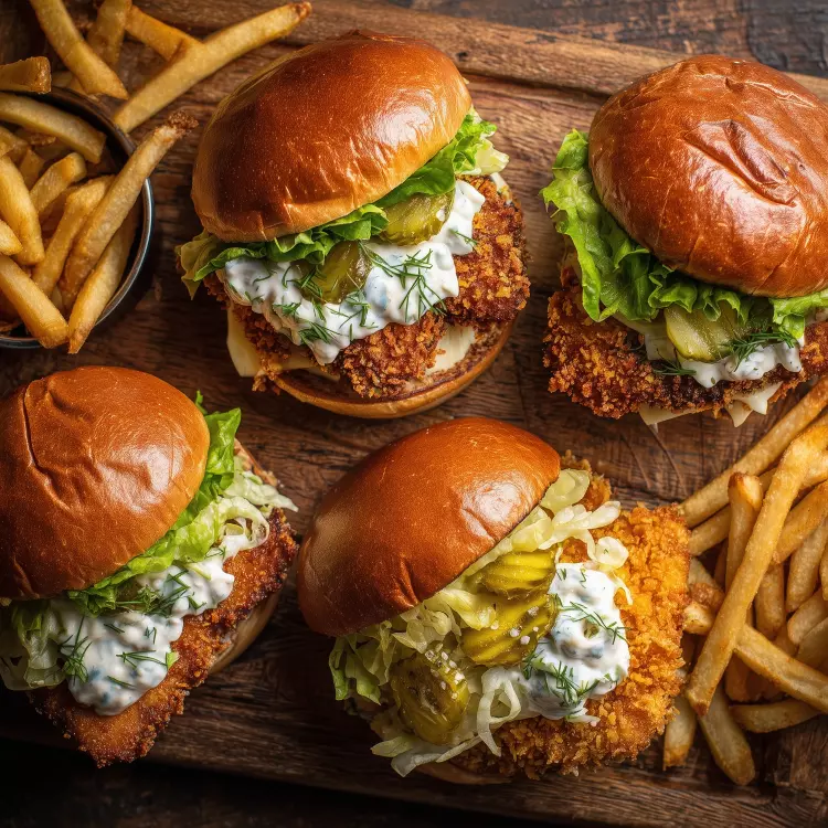 4 burgers de schnitzels de poulet aux corn flakes, mayo buffalo, cornichons à l'aneth
