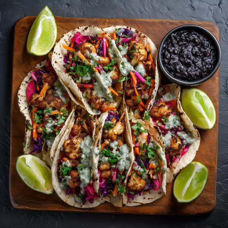8 tacos végé de chou-fleur grillé, légumes marinés, sauce crema de haricots noirs