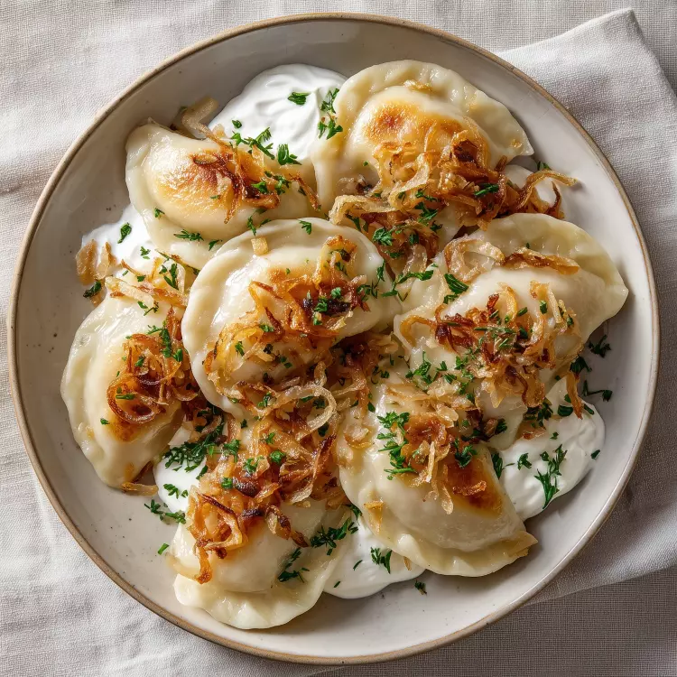 10 pierogis au bacon, gouda et pommes de terre, crème sûre, oignons frits