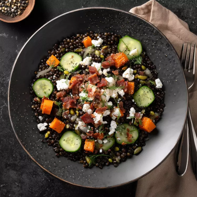 Salade de quinoa, lentilles béluga, pancetta, pistaches et chèvre (1 litre)