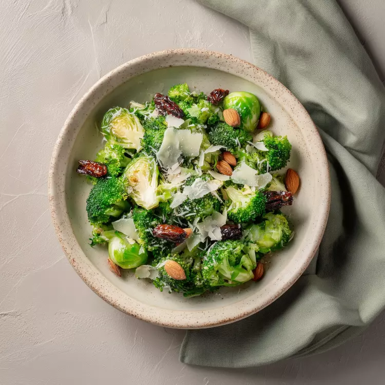 Salade de brocolis et choux de Bruxelles aux amandes et dattes, vinaigrette au Parmigiano (750ml)