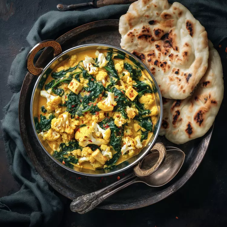 Cari de légumes et paneer grillé, sauce korma aux noix de cajou, naans