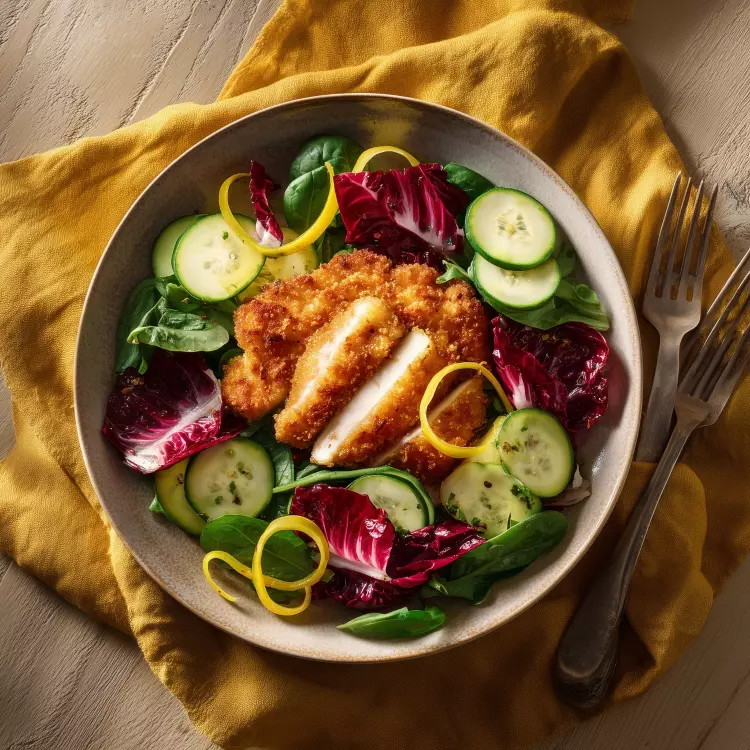 Salade-repas californienne de 4 schnitzels de poulet, légumes, vinaigrette à la mangue