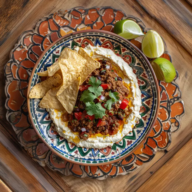 Poêlée de poulet à la mexicaine sur purée citronnée de haricots blancs, chips de tortillas