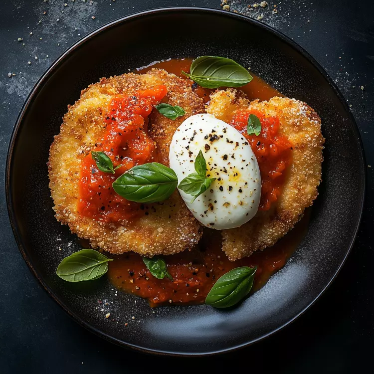4 escalopes de veau alla parmigiana, antipasti de légumes, mozzarella fior di latte