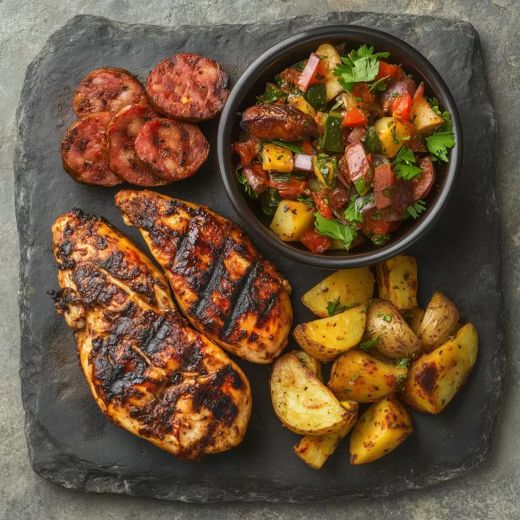 On se fait livrer du portugais - 2 poitrines de poulet, chorizo rôti, pommes de terre épicées, salade fraîche