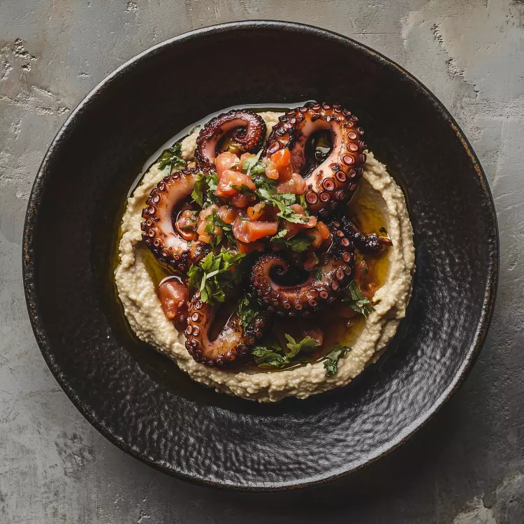 Pieuvre au vin rouge, concassé de tomates et kalamata, hummus de haricots