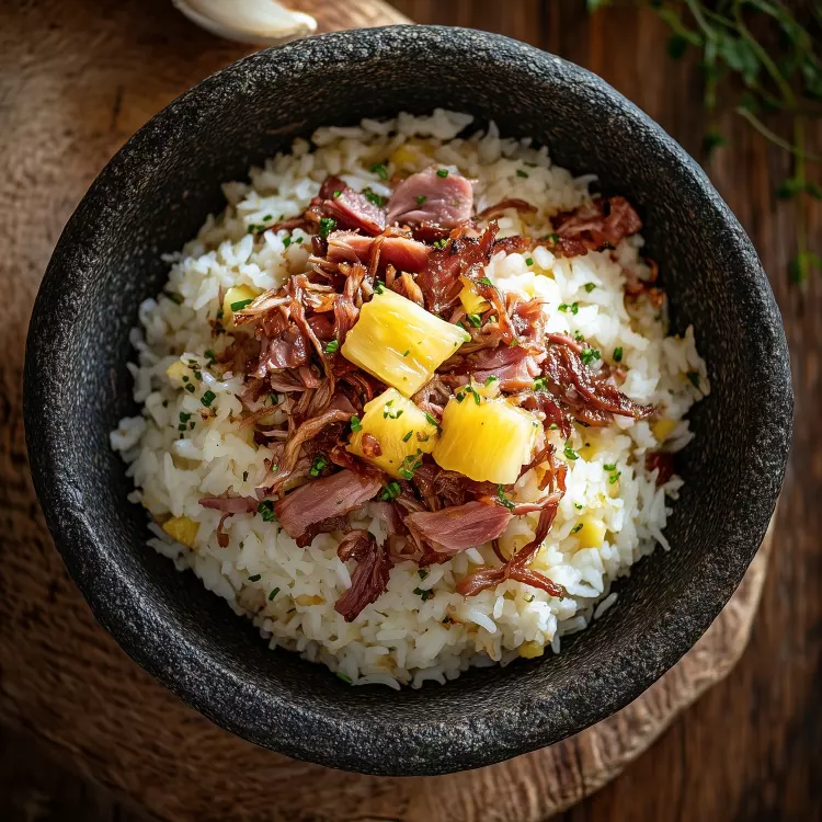 Jambon braisé à l'érable, ketchup à l'ananas, riz à grains longs