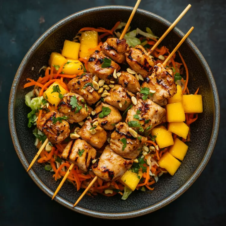 Salade-repas de 4 brochettes de poitrine de poulet satay, julienne de légumes, mangues, arachides