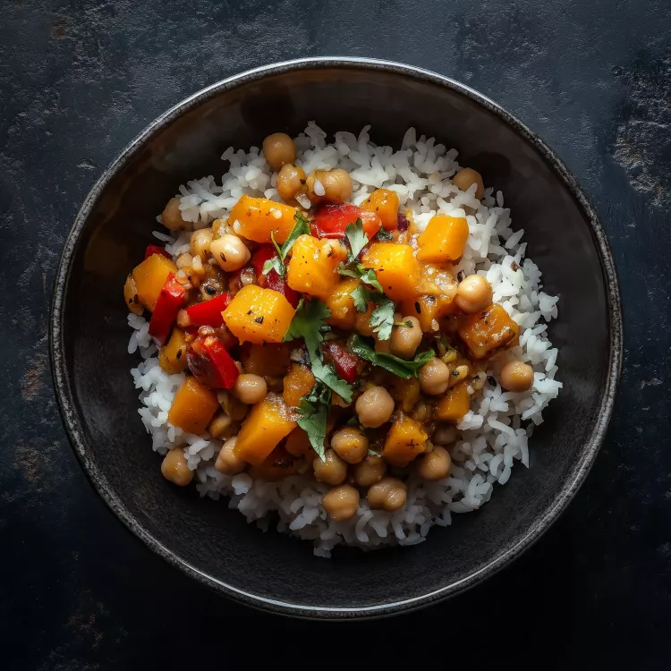 Bol de pois chiches et légumes racines rôtis au cari, chutney de mangue