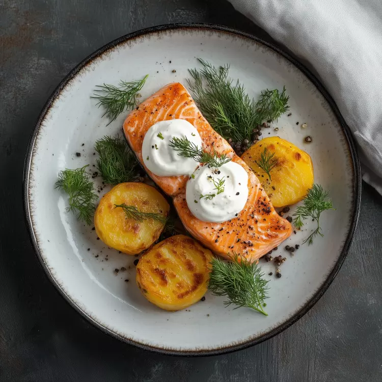 2 pavés de saumon fumés, crème sûre à l'aneth, röstis de pommes de terre
