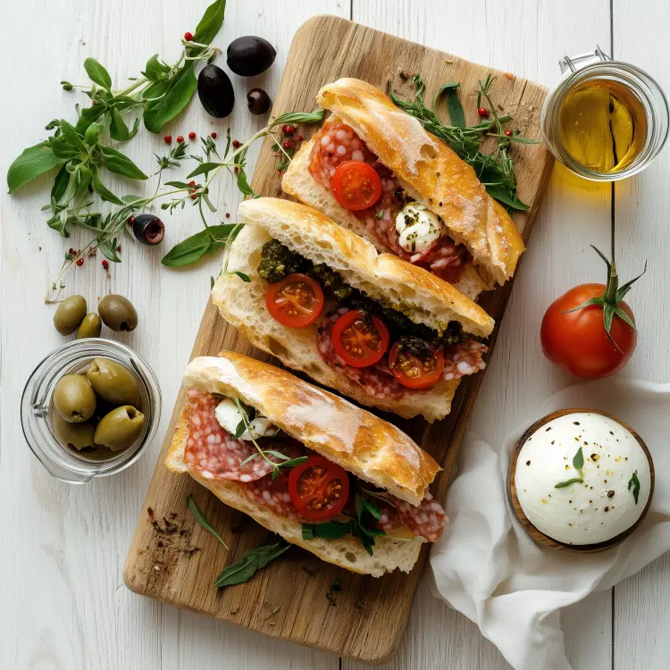 4 sandwichs-focaccia maison à la mortadelle, tapenade de kalamata, tomates confites, fior di latte