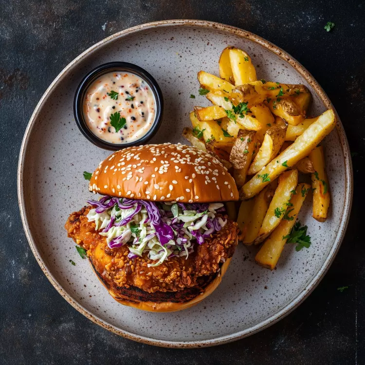 4 burgers de poulet frit, salade de chou, sauce brune, frites de pommes de terre