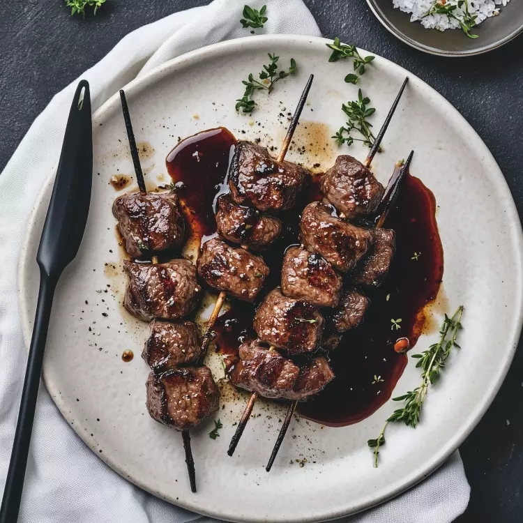 4 brochettes de cubes de filet de bœuf, sauce à l'échalote