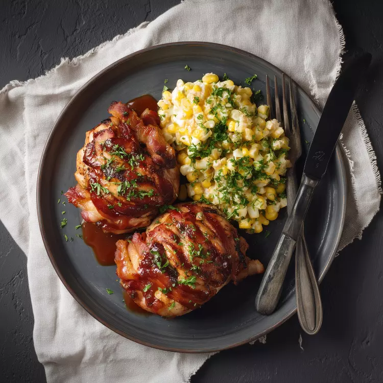 2 tournedos de poulet au bacon, sauce BBQ, salade de maïs crémeuse à la coriandre