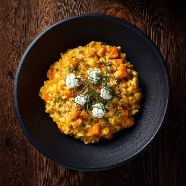Risotto à la courge butternut, billes de ricotta à la ciboulette