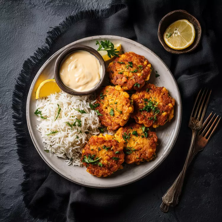 6 croquettes de maïs, mayo citronnée, riz, courgettes