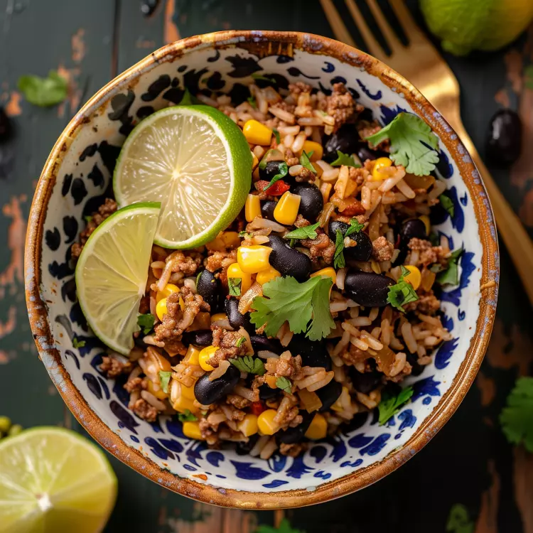 Riz tex-mex au boeuf, haricots noirs et maïs