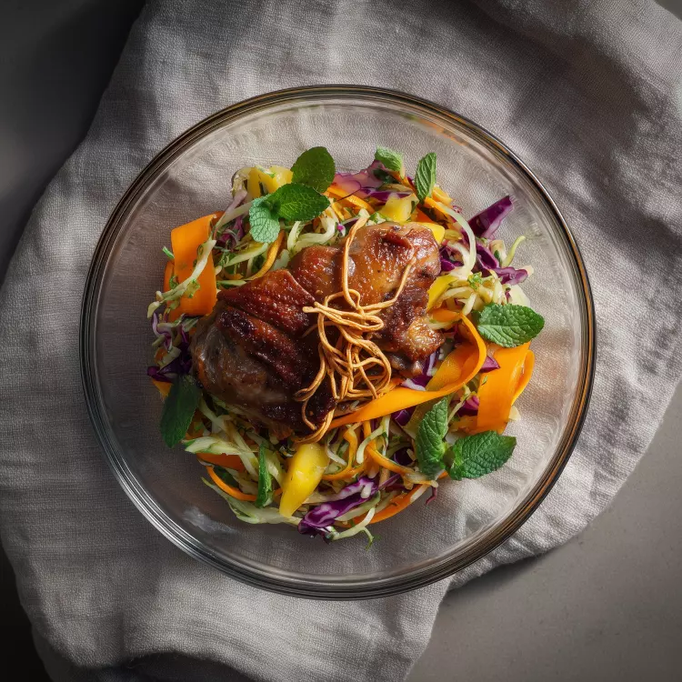 Salade-repas de 2 cuisses de canard confites, quinoa et légumes, vinaigrette mangue et agrumes