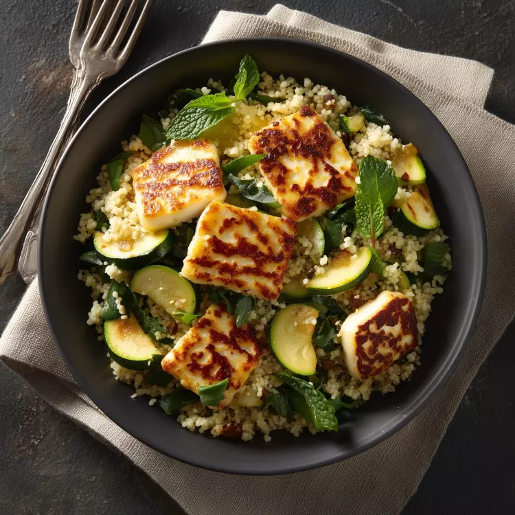 Salade de couscous, courgettes et Halloumi grillé, vinaigrette menthe citron (750ml)