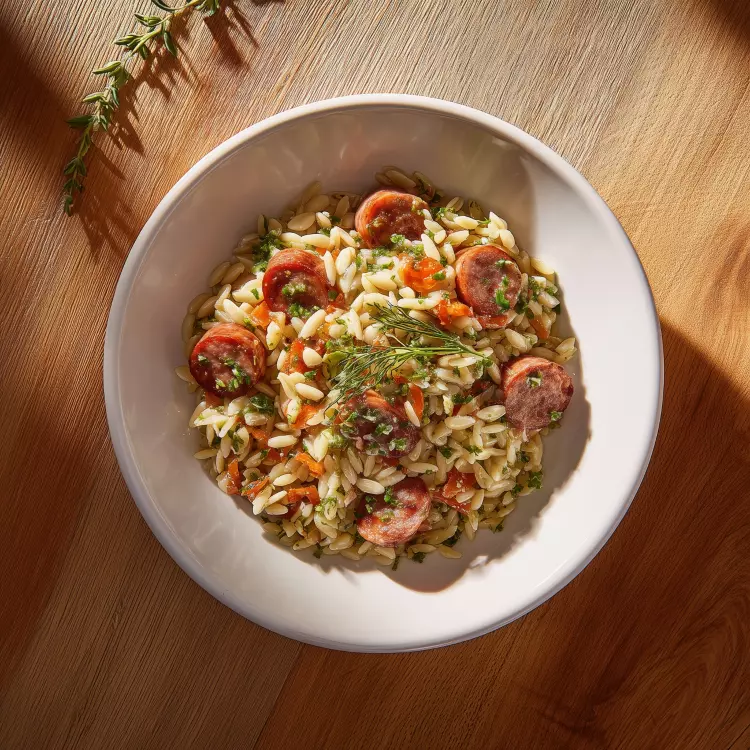 Salade d'orzo aux 2 saucisses moutarde et herbes, vinaigrette à l'orange (1 litre)