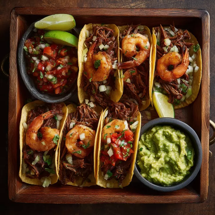 8 tacos surf n'turf - Short ribs fumés, crevettes frites, pico de gallo, guacamole à la crème sûre