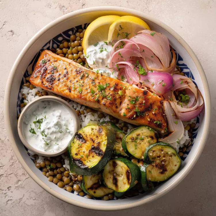 Bol de 2 pavés de saumon à l'indienne, riz aux lentilles et vermicelles, sauce raïta