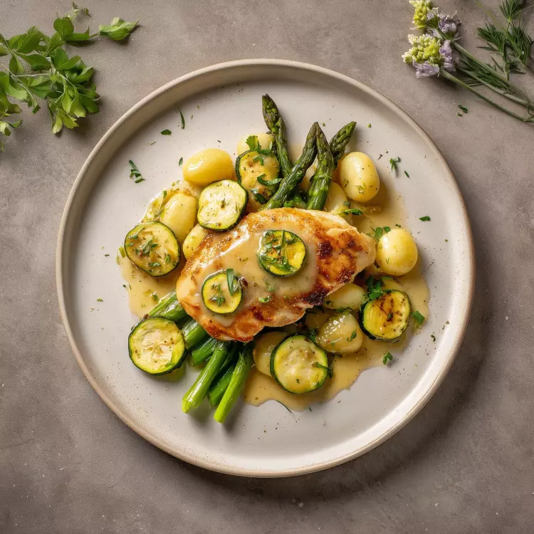 Poulet piccata aux câpres, thym et citron, gnocchis, légumes verts