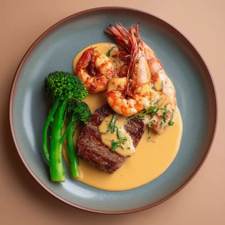 Surf n'turf - 4 crevettes géantes U10, 2 steaks de faux-filet de bœuf et sauce crémeuse à la chair de homard