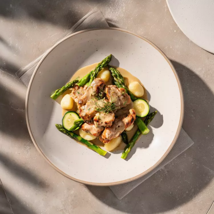 Poulet piccata aux câpres, thym et citron, gnocchis, légumes verts